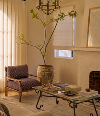 A living room with plaster walls featuring two upholstered lounge chairs, the Leelah Lounge in Coco Floral.