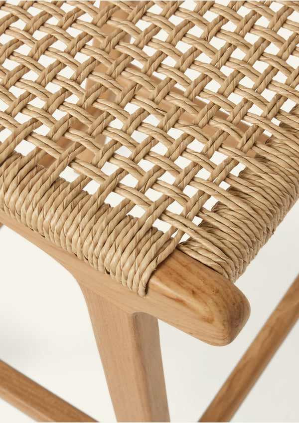 Close-up of the Bali Backless Counter Stool highlighting the intricate handwoven synthetic paper cord seat. The woven texture adds warmth, visual interest, and practical durability.