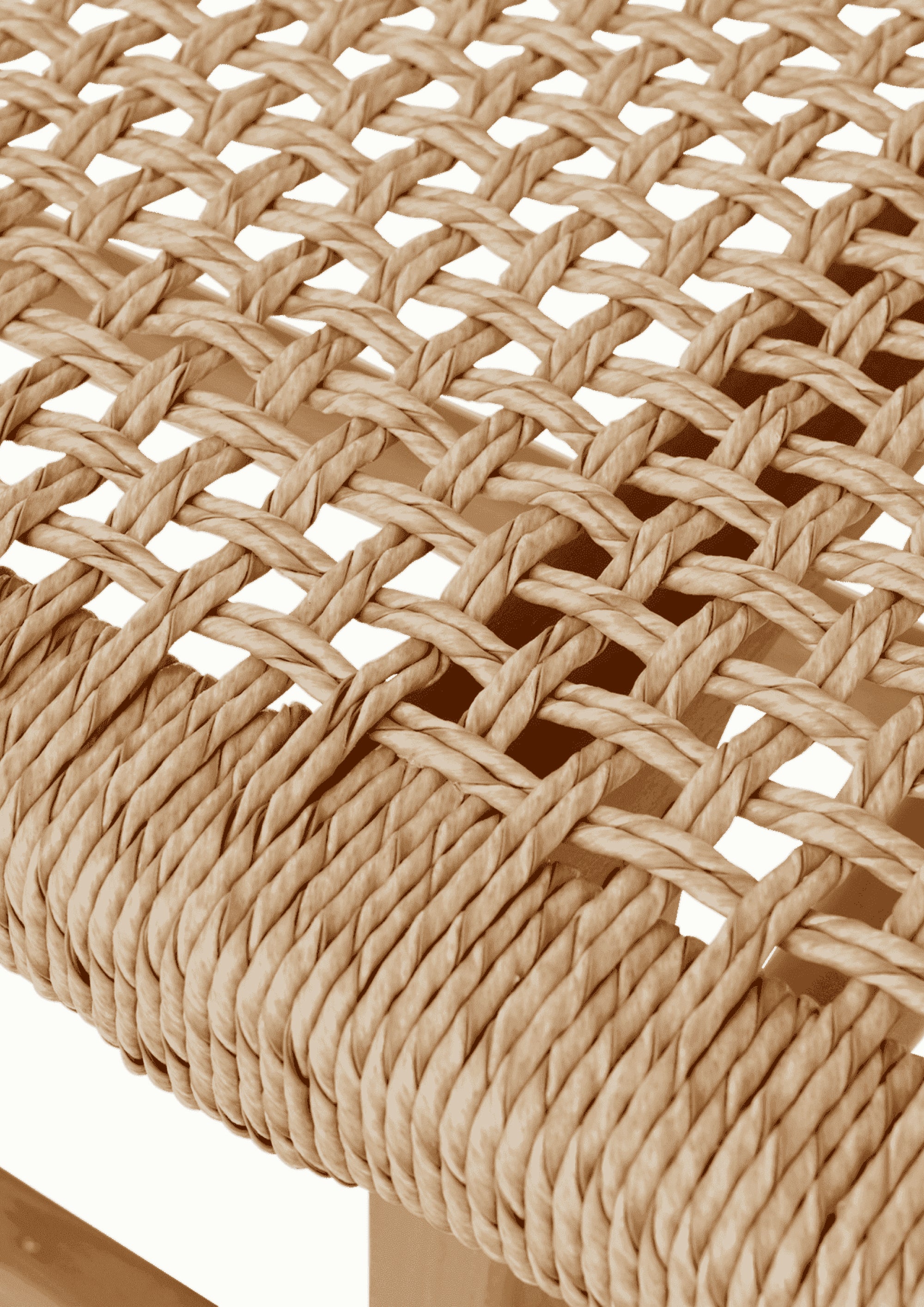 Close-up of the woven synthetic paper cord seat, highlighting the open weave pattern and handcrafted appearance. The UV-treated material offers the warmth and texture of natural fiber with added durability.