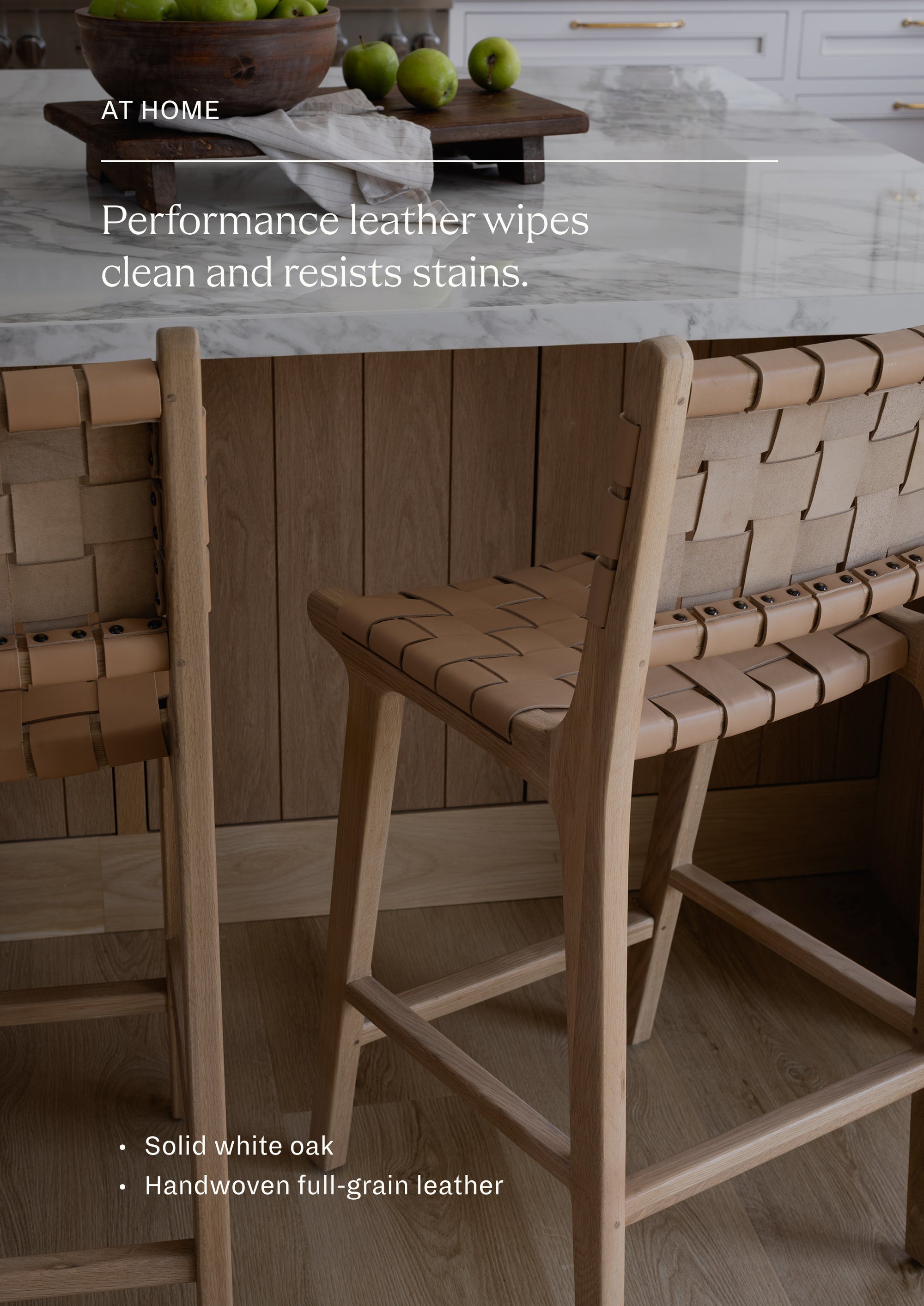 Performance leather wipes clean and resists stains. Solid white oak frame with handwoven full-grain leather seat and back.