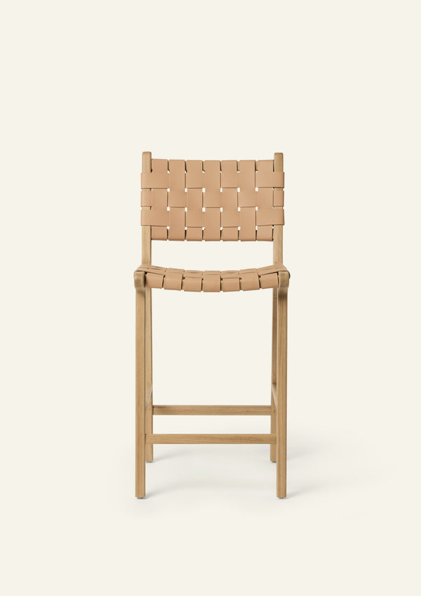 Front view of the Bali Counter Stool showcasing the woven full-grain natural leather seat and backrest with a solid white oak frame.