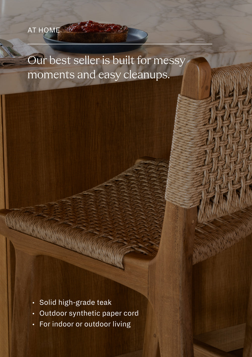 Bali Counter Stools styled at a marble kitchen island showcasing indoor-outdoor versatility. Out best seller is built for messy moments and easy cleanups. For indoor or outdoor living.