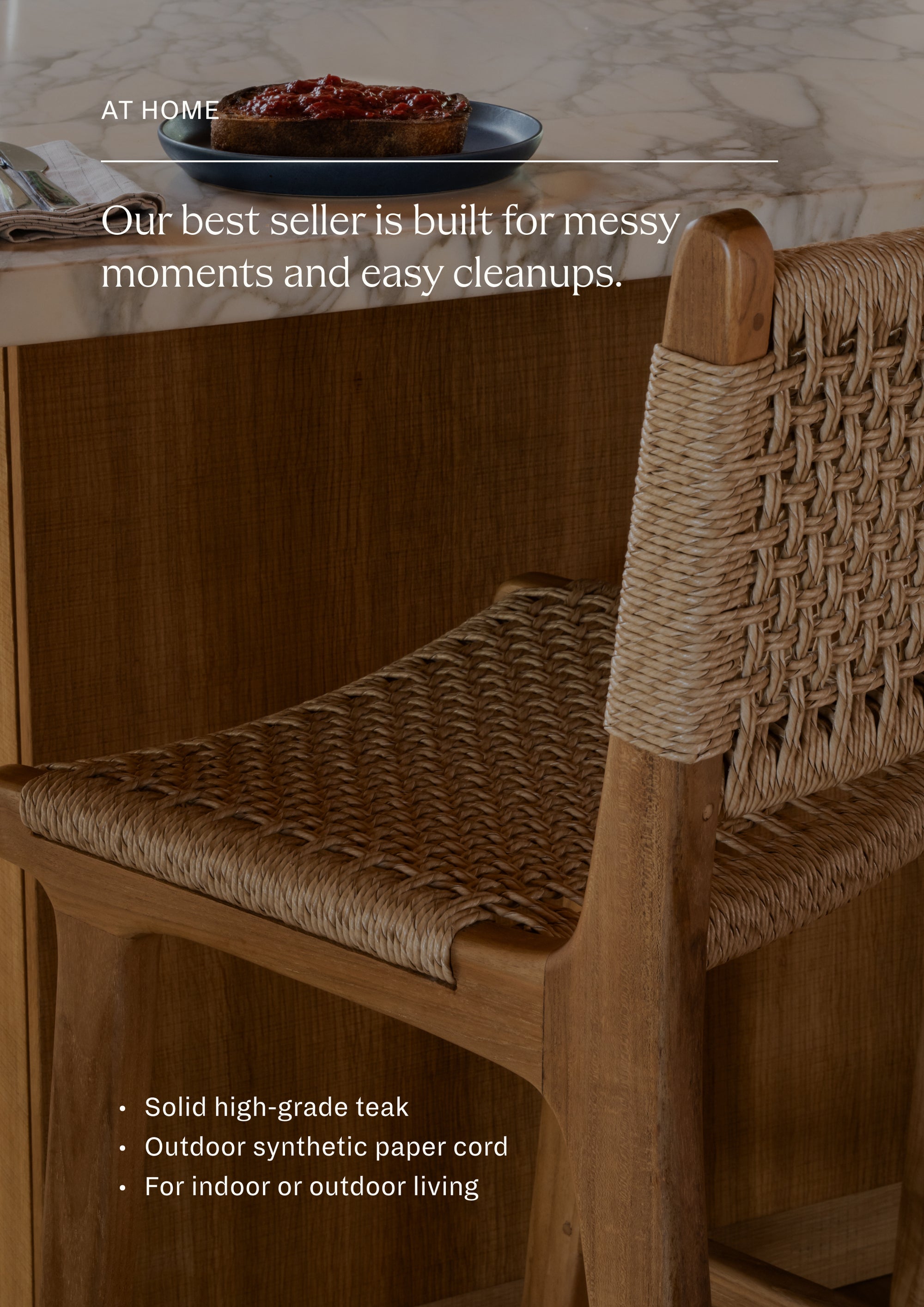 Bali Counter Stools styled at a marble kitchen island showcasing indoor-outdoor versatility. Out best seller is built for messy moments and easy cleanups. For indoor or outdoor living.