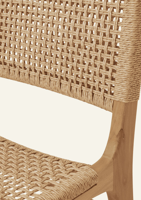 Close-up of handwoven outdoor synthetic paper cord detailing on the Bali Counter Stool