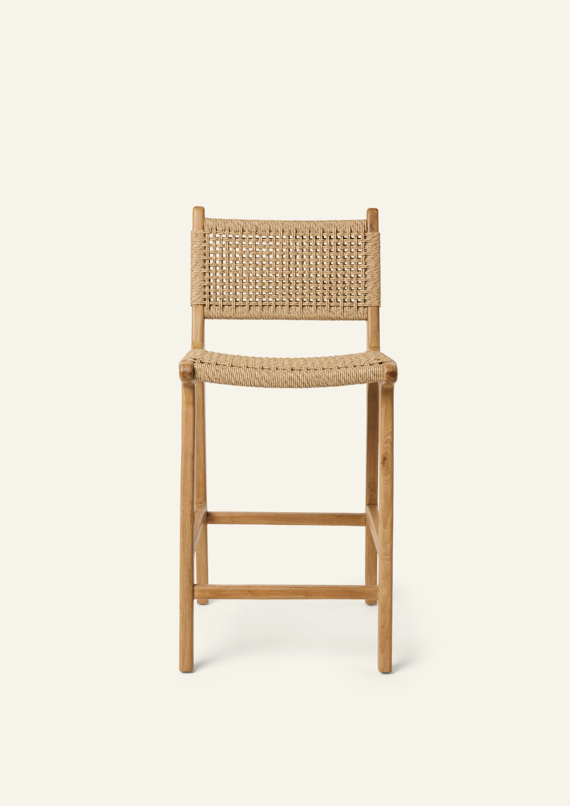 Bali Counter Stool with handwoven outdoor synthetic paper cord and solid teak frame, front view