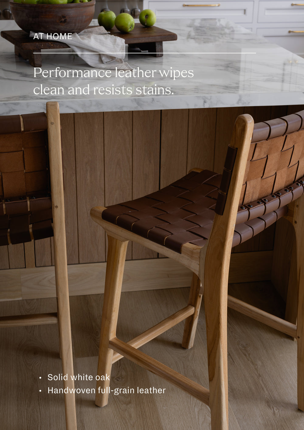Performance leather wipes clean and resists stains. Solid white oak with whiskey handwoven full-grain leather.