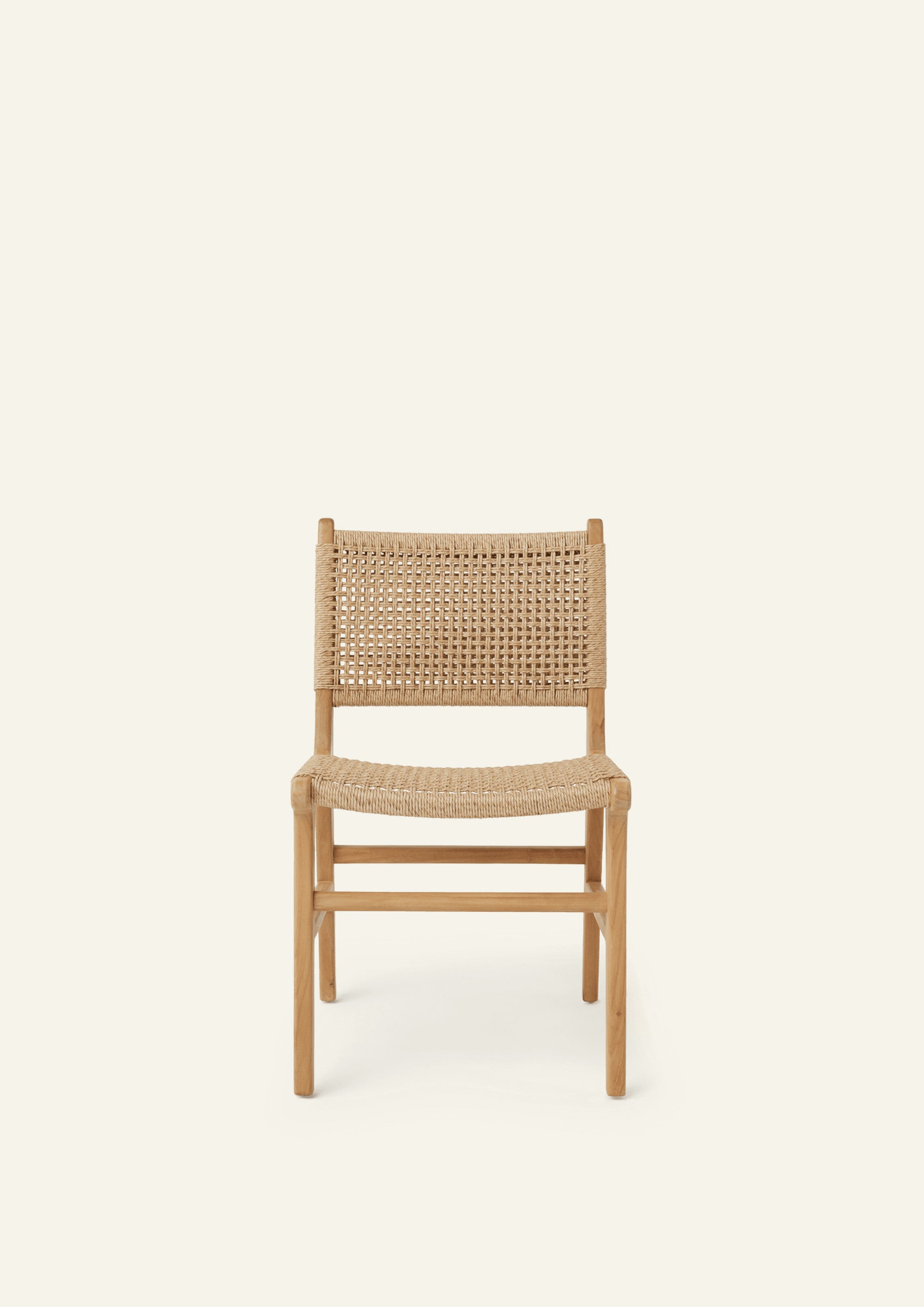Bali Dining Chair crafted from solid teak with a handwoven outdoor synthetic paper cord seat and back, shown from the front.