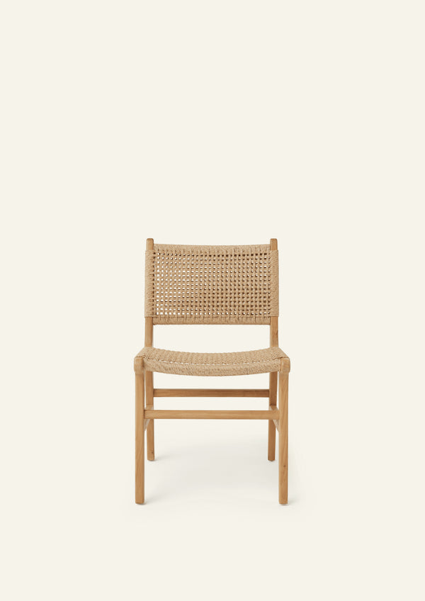 Bali Dining Chair crafted from solid teak with a handwoven outdoor synthetic paper cord seat and back, shown from the front.