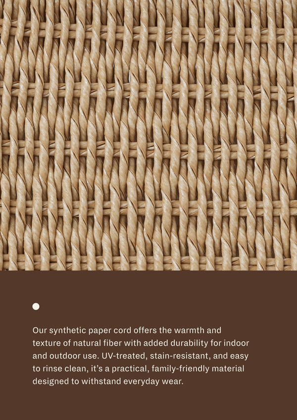 Close-up of woven synthetic paper cord accompanied by material information describing its durability, UV resistance, stain resistance, and suitability for both indoor and outdoor environments.