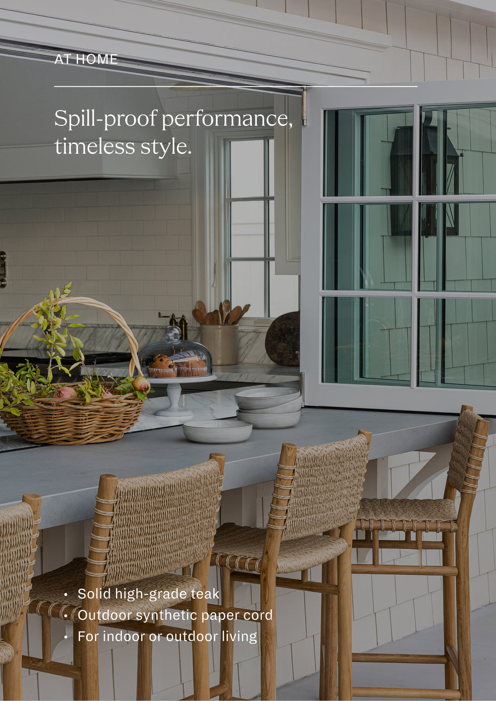 Spill-proof performance, timeless style. A row of woven counter stools gathered around an outdoor serving counter. Designed for indoor and outdoor living, the stools bring warmth, texture, and relaxed sophistication to open-air entertaining spaces.