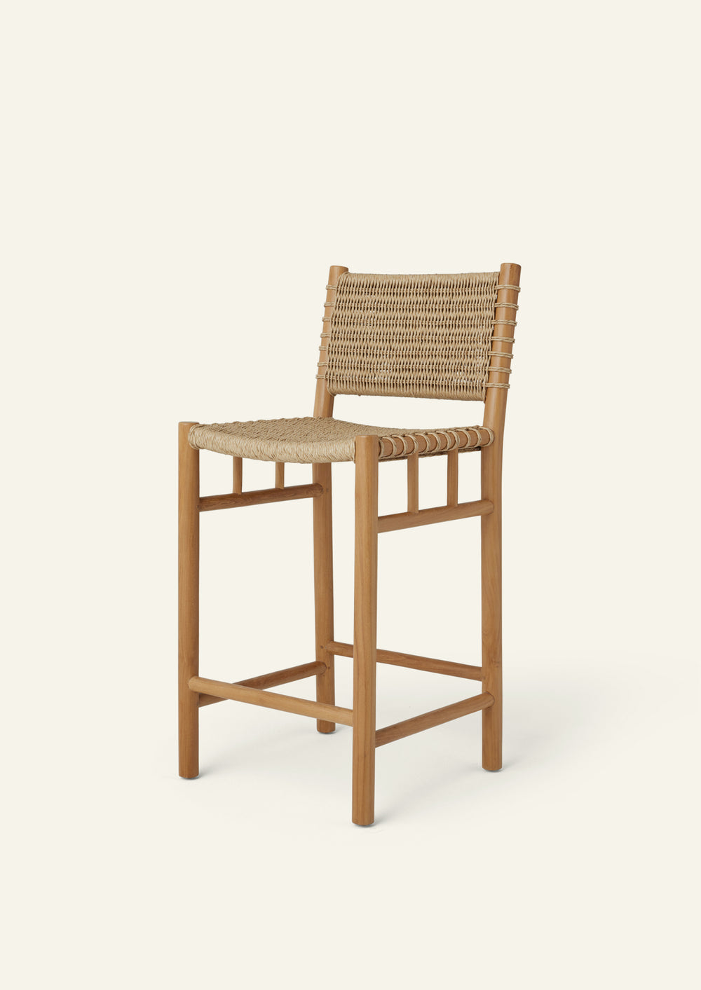 Three-quarter view of a woven counter stool crafted from solid high-grade teak and outdoor synthetic paper cord. The handwoven seat and backrest create a warm, textured silhouette suited for both indoor and outdoor spaces.