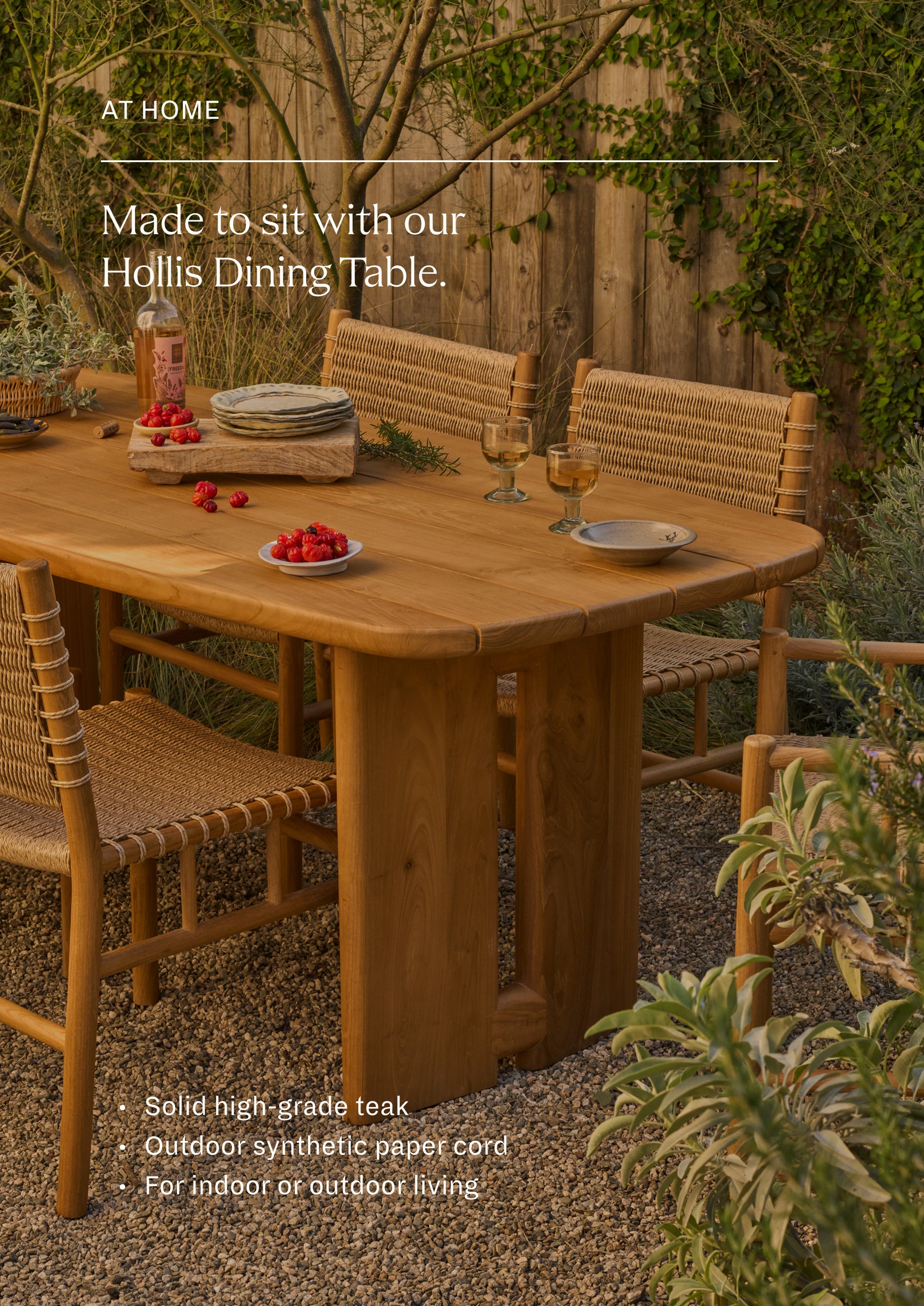 Made to site with the Hollis Dining Table in Classic Teak. A set of woven dining chairs gathered around a reclaimed teak dining table in an outdoor garden setting. Natural materials and handcrafted details create an inviting space for open-air dining and entertaining.