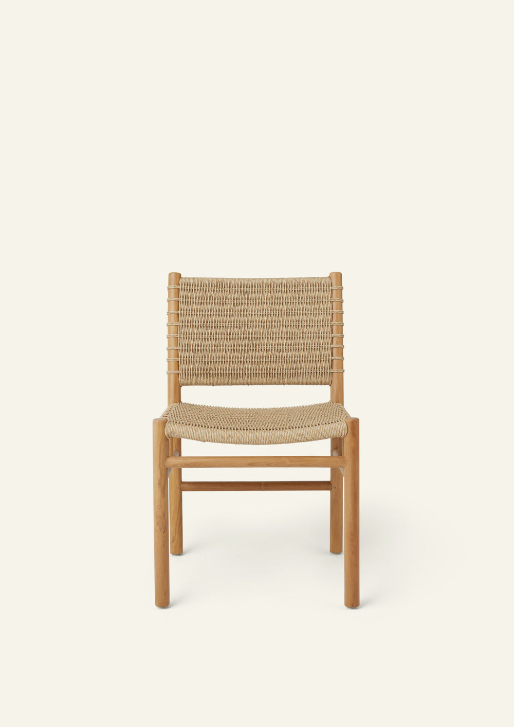 Front view of the dining chair showcasing a handwoven synthetic paper cord seat and backrest framed by solid teak. Clean lines and natural textures create a timeless, versatile design.