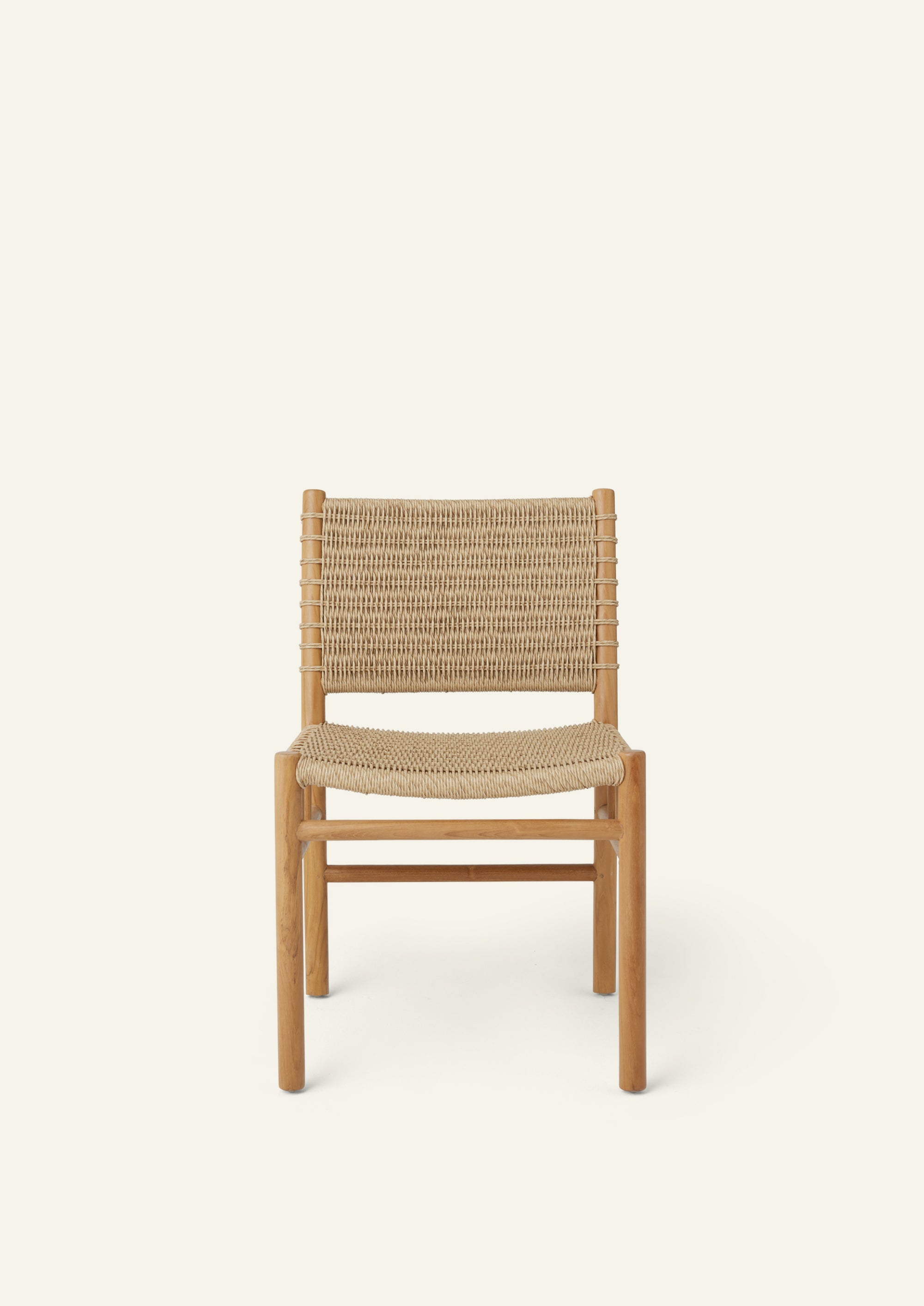 Front view of the dining chair showcasing a handwoven synthetic paper cord seat and backrest framed by solid teak. Clean lines and natural textures create a timeless, versatile design.