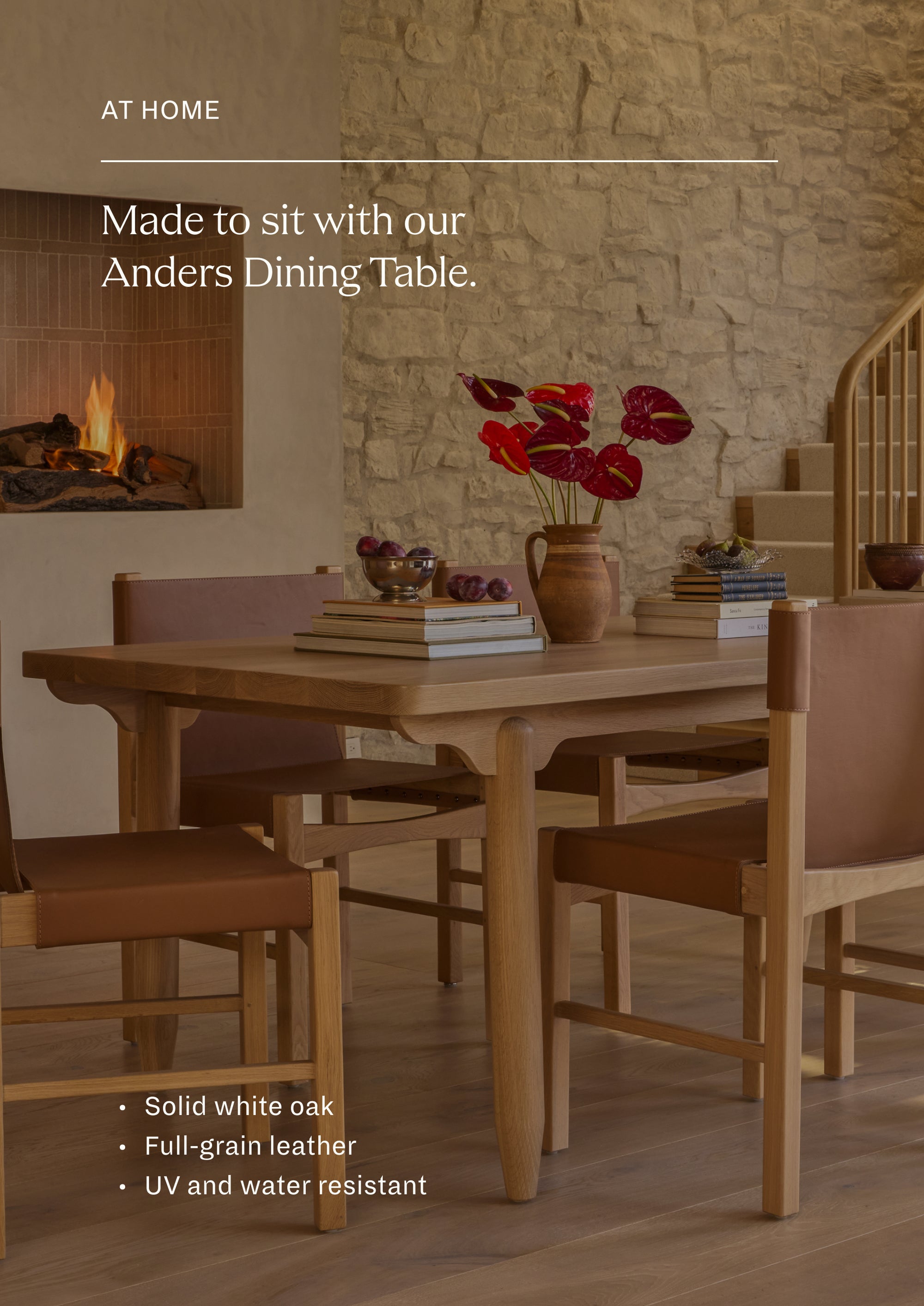 Made to sit with our Anders Dining Table . Henrik Dining Chairs gathered around a solid white oak dining table in a warm, light-filled dining room. The combination of natural oak and rich leather creates a timeless setting for everyday meals and entertaining.