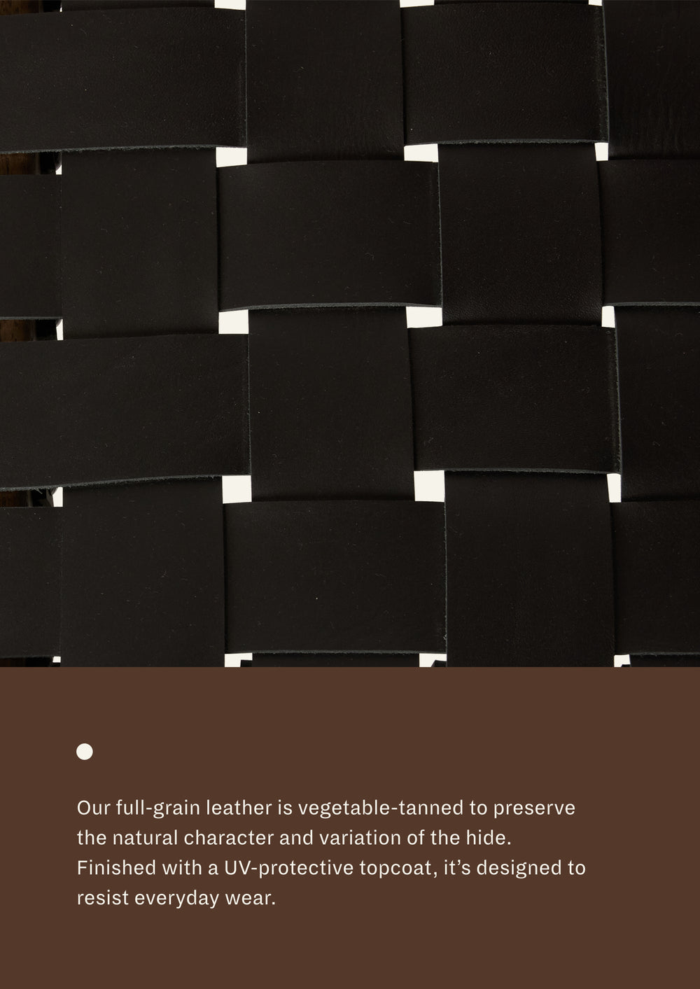 Close-up of the Bali Counter Stool's black leather weave, highlighting the vegetable-tanned full-grain leather and handwoven construction.
