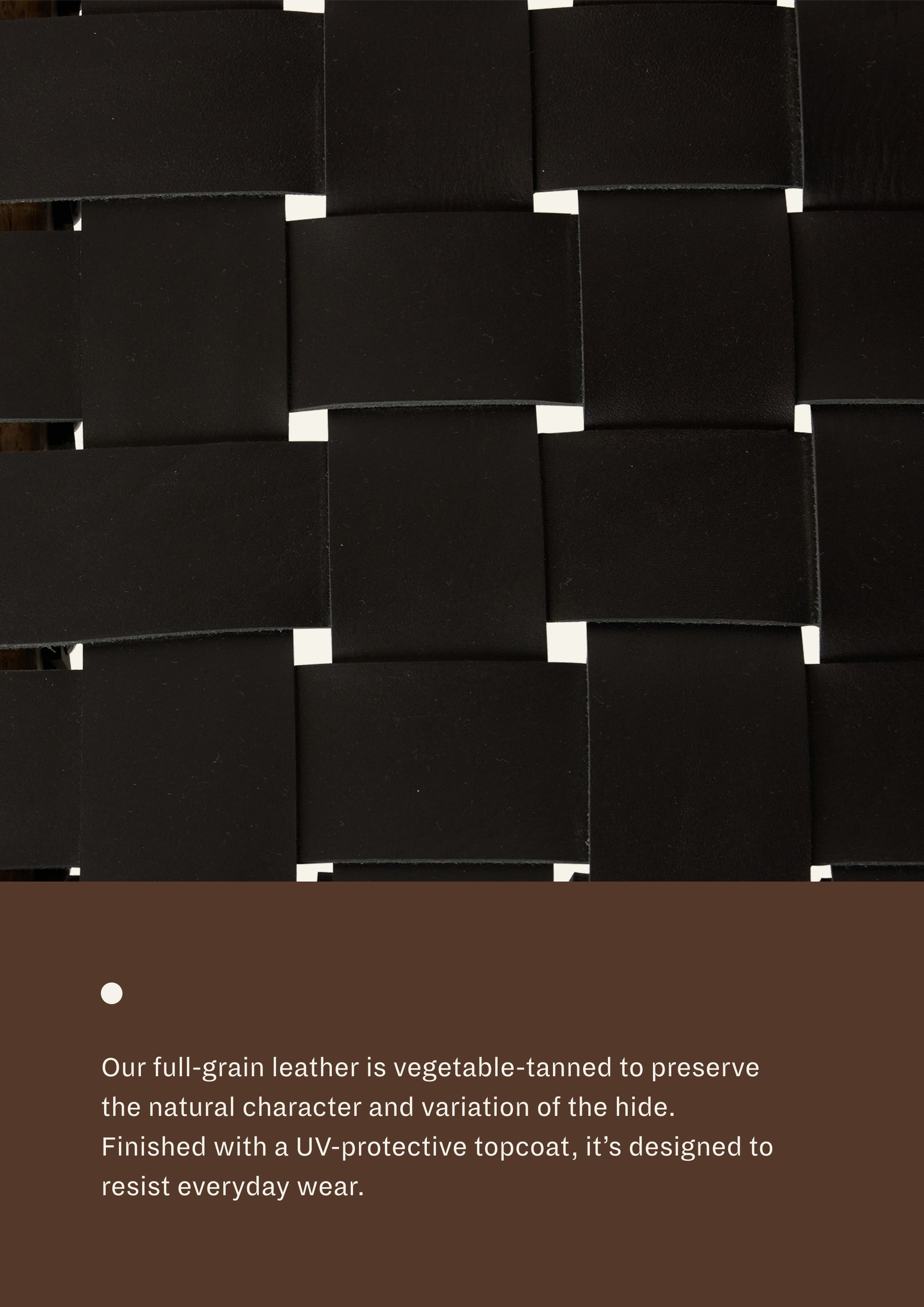 Close-up of the Bali Counter Stool's black leather weave, highlighting the vegetable-tanned full-grain leather and handwoven construction.