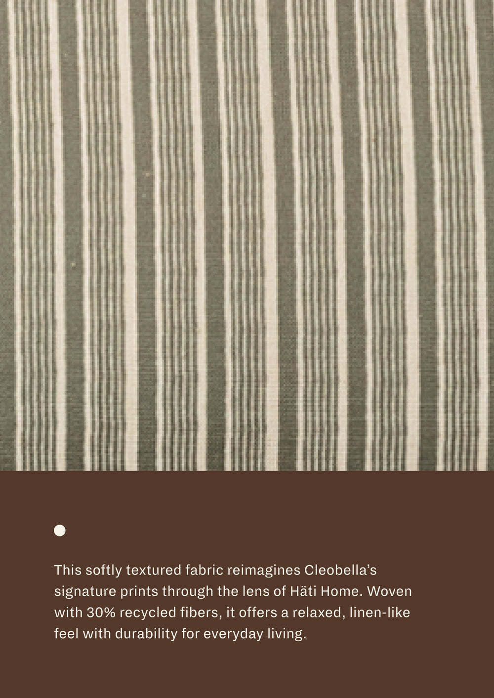 Close-up of green stripe fabric featuring soft green and ivory stripes with a subtle woven texture. Made with recycled fibers, the textile offers a relaxed, linen-like appearance and everyday durability.
