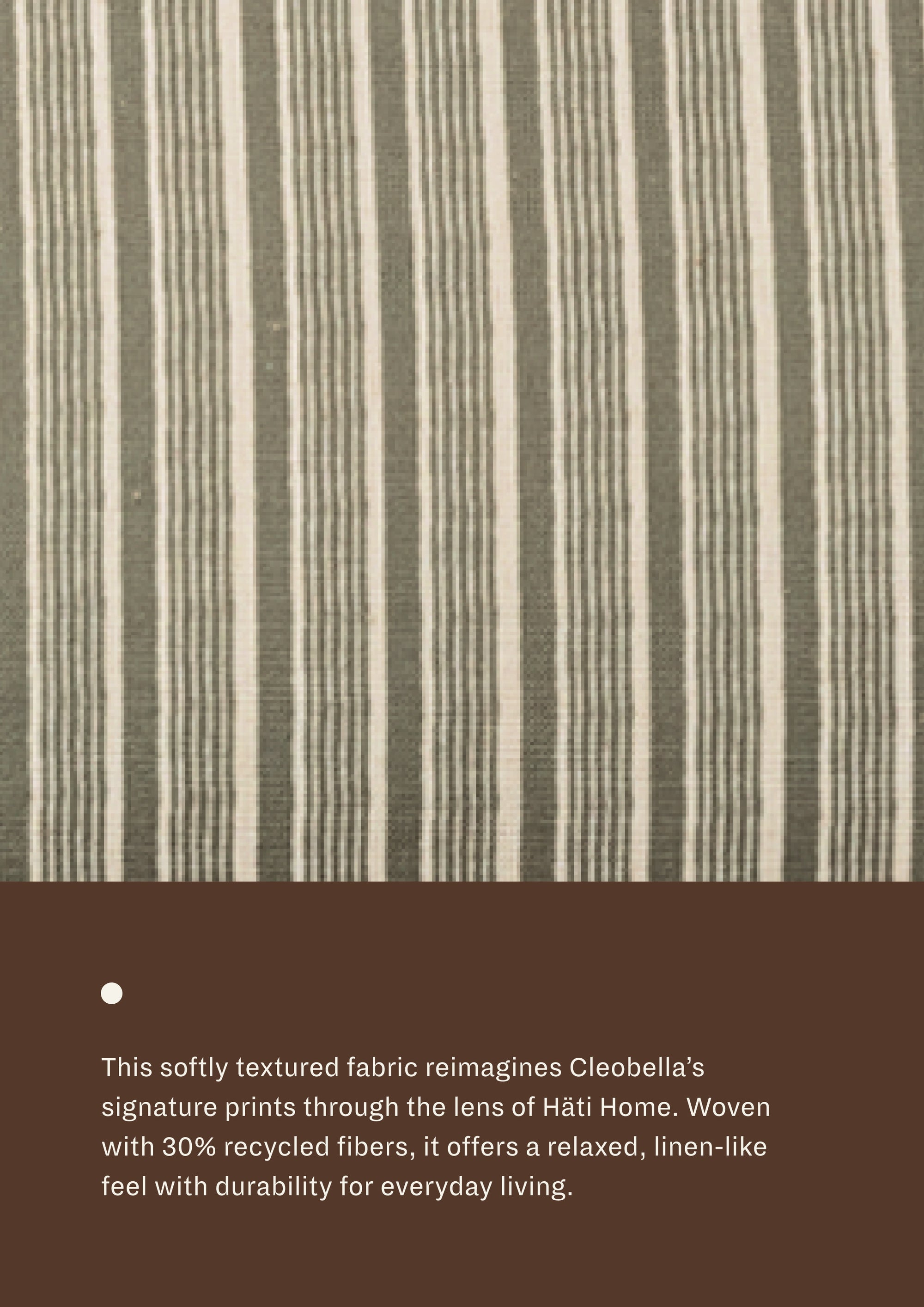 Close-up of green stripe fabric featuring soft green and ivory stripes with a subtle woven texture. Made with recycled fibers, the textile offers a relaxed, linen-like appearance and everyday durability.