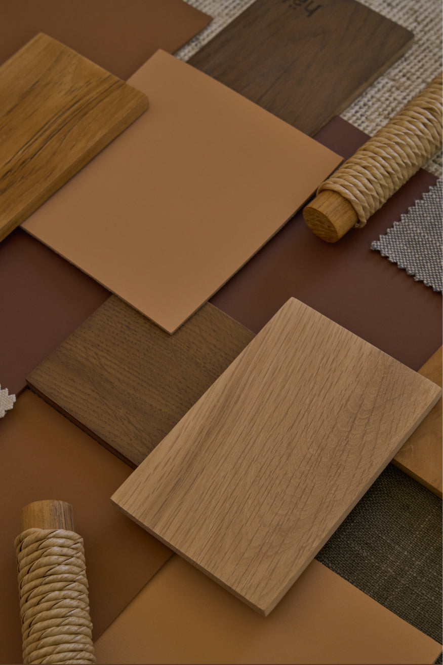 Collection of wooden and natural material swatches in brown and beige tones.