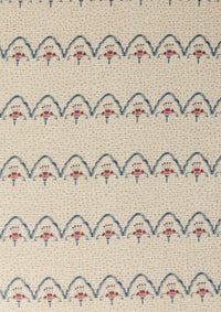 Close-up shot of the Cleobella Neutral arches fabric. Small dots around a floral arch pattern on an ivory base.