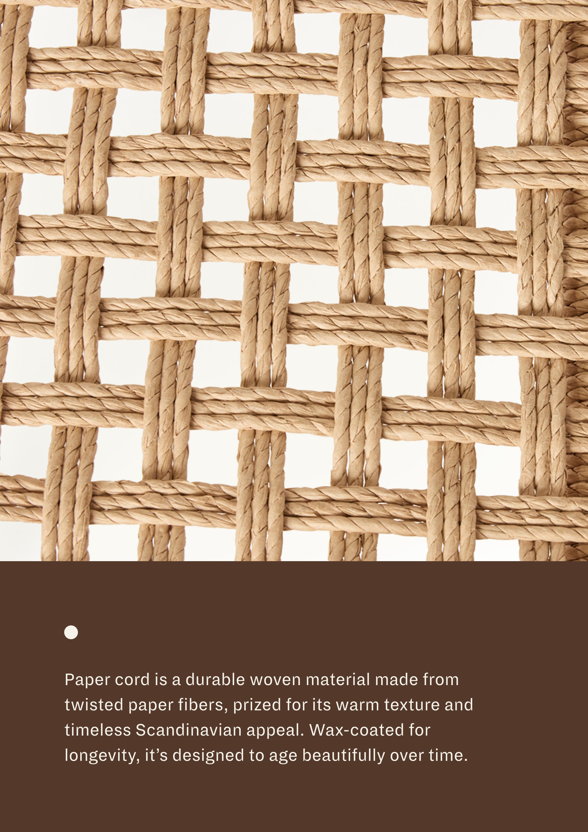 Close-up detail of handwoven paper cord, showcasing the intricate basketweave pattern and natural texture.