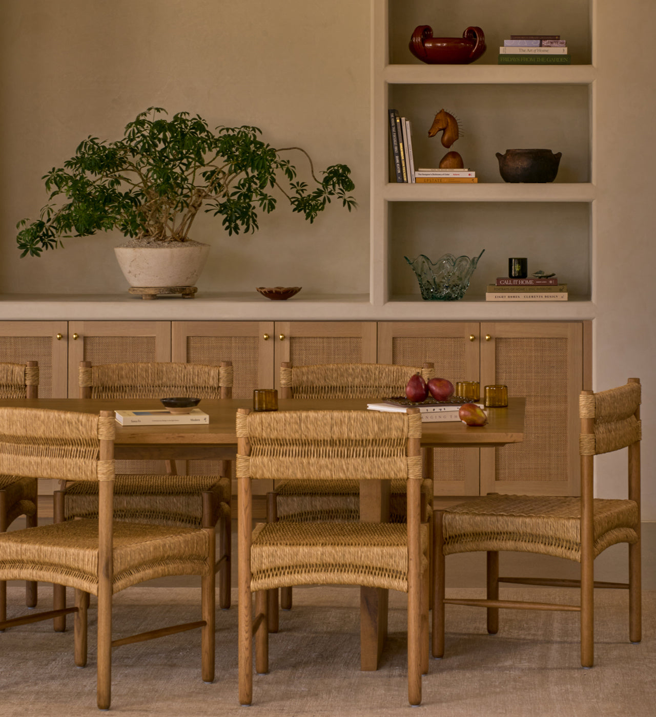 Natural rush dining chairs at a table