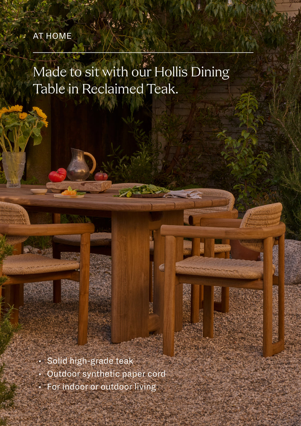 Made to sit with the Hollis Dining Table in Reclaimed Teak. Outdoor dining setting featuring woven teak armchairs gathered around a reclaimed teak dining table. The collection creates a relaxed yet refined atmosphere for alfresco dining and entertaining.