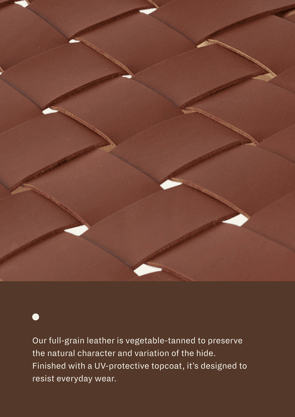 Graphic featuring a close-up of whiskey full-grain leather accompanied by information about vegetable tanning, natural hide variation, UV protection, and durability designed for everyday use.