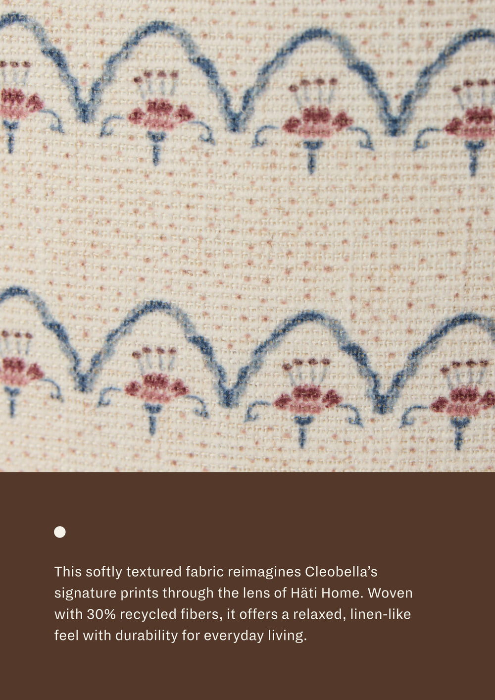 Close-up of the Neutral Arches fabric, featuring repeating blue scalloped lines and dusty rose floral-inspired motifs on a soft cream woven ground. The textured textile offers a relaxed, linen-like appearance with subtle dimension.