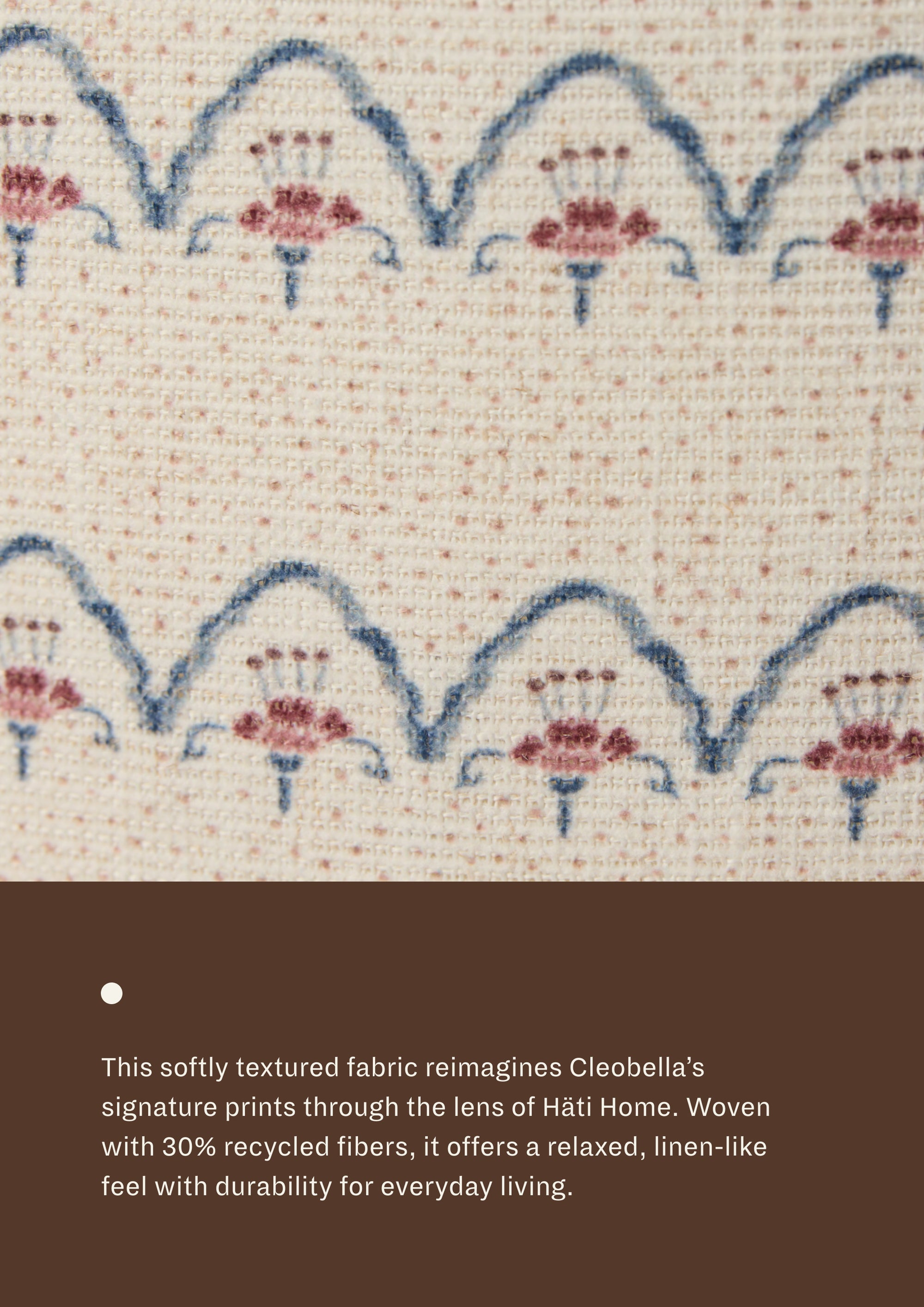 Close-up of the Neutral Arches fabric, featuring repeating blue scalloped lines and dusty rose floral-inspired motifs on a soft cream woven ground. The textured textile offers a relaxed, linen-like appearance with subtle dimension.