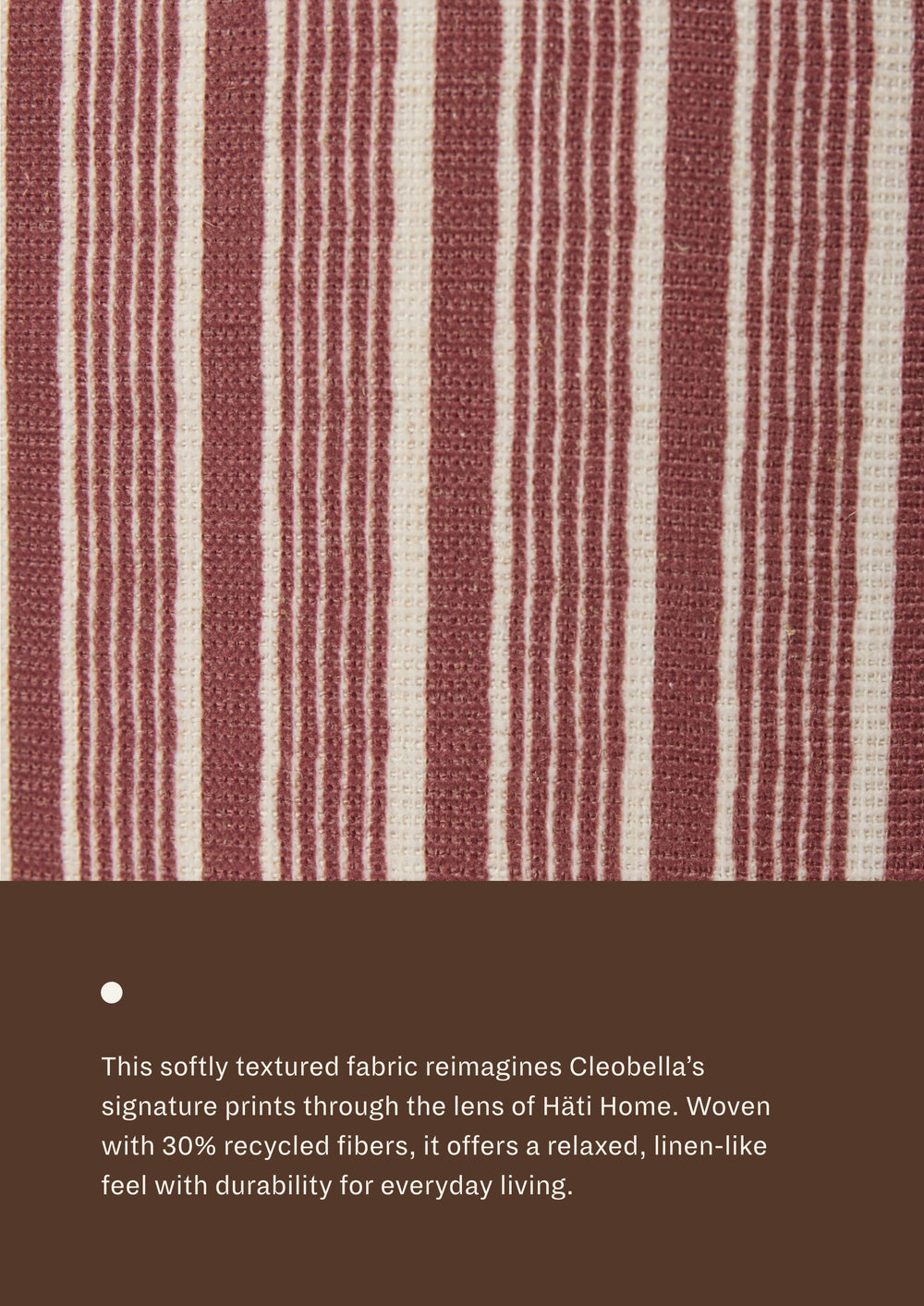Close-up of the Dusty Rose Stripe fabric, featuring alternating rose-colored and cream woven stripes with subtle texture. Woven with recycled fibers, the textile offers a relaxed, linen-like appearance designed for everyday durability.