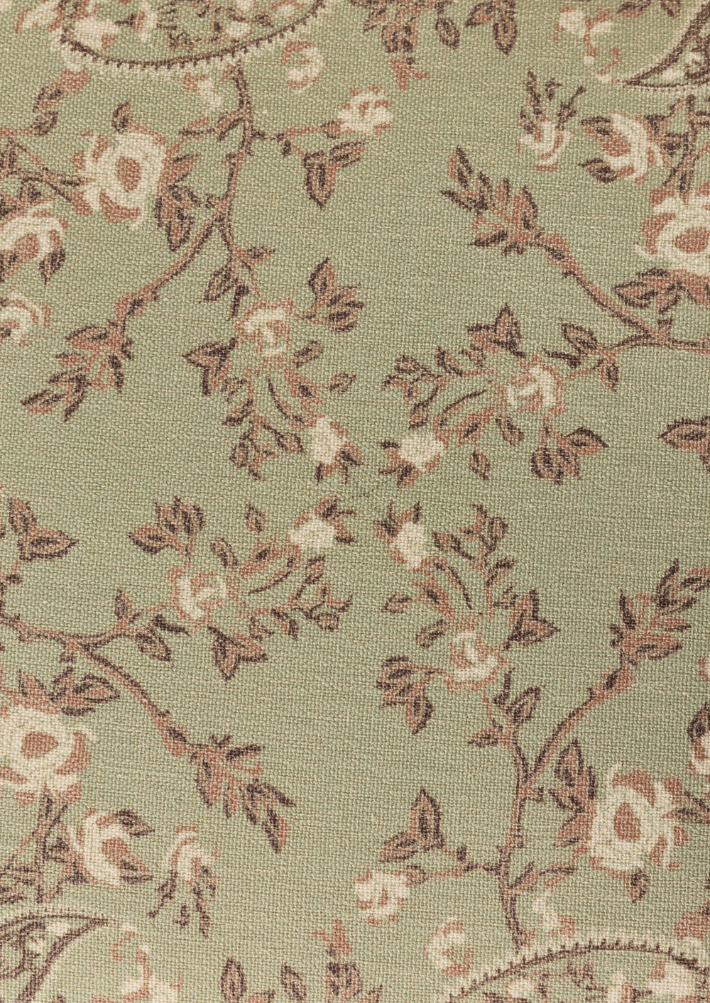 Ivory, tan and brown paisley fabric on a muted green base. 