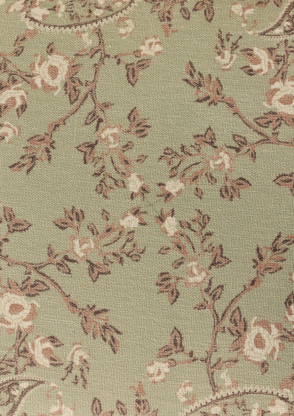 Ivory, tan and brown paisley fabric on a muted green base. 
