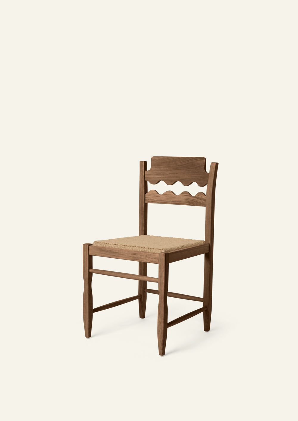 Freda Razor Dining Chair in brown oak with an upholstered performance sand linen seat, shown from an angled front view on a neutral background. The hand-carved scalloped backrest adds a playful yet timeless detail. 