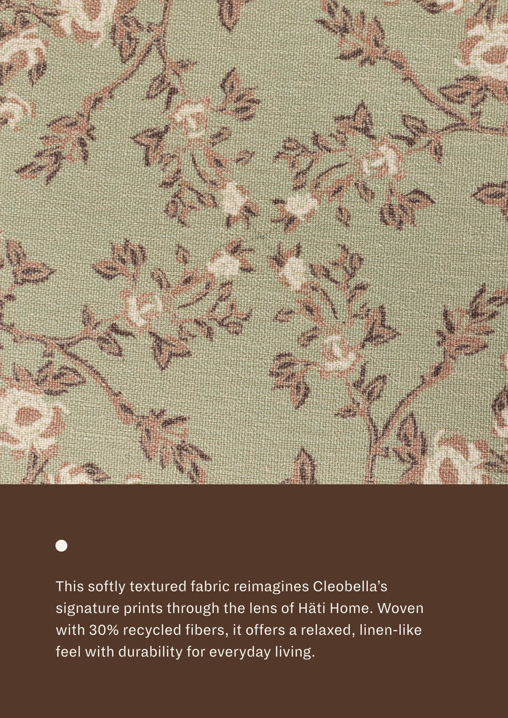 Close-up of the Aloe Botanical fabric, featuring delicate botanical motifs in soft sage, taupe, blush, and cream tones. Woven with recycled fibers, the textile offers a relaxed, linen-like texture designed for everyday durability and comfort.