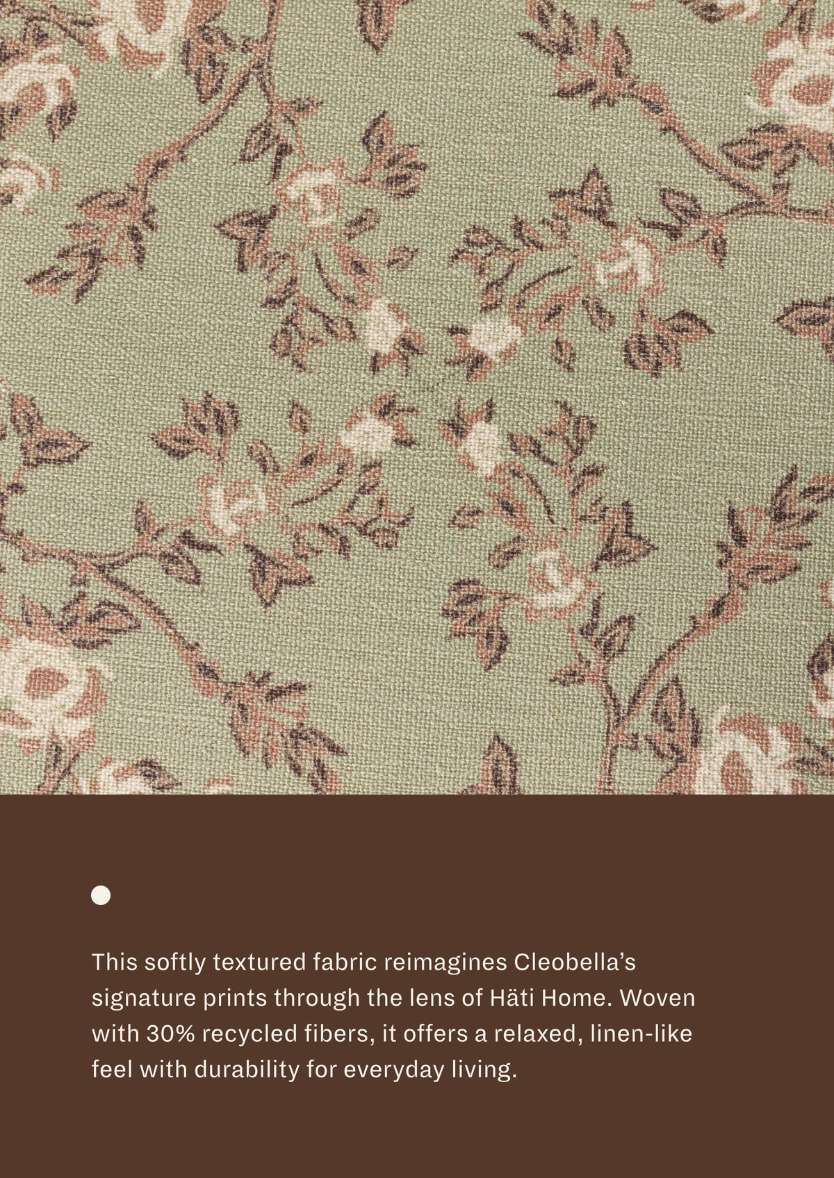 Close-up of the Aloe Botanical fabric, featuring delicate botanical motifs in soft sage, taupe, blush, and cream tones. Woven with recycled fibers, the textile offers a relaxed, linen-like texture designed for everyday durability and comfort.