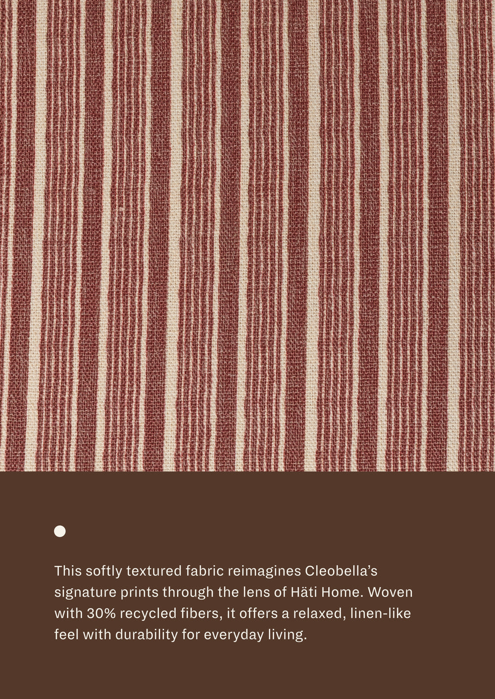 Close-up of the Brick Red Stripe fabric, featuring alternating rose-colored and cream woven stripes with subtle texture. Woven with recycled fibers, the textile offers a relaxed, linen-like appearance designed for everyday durability.