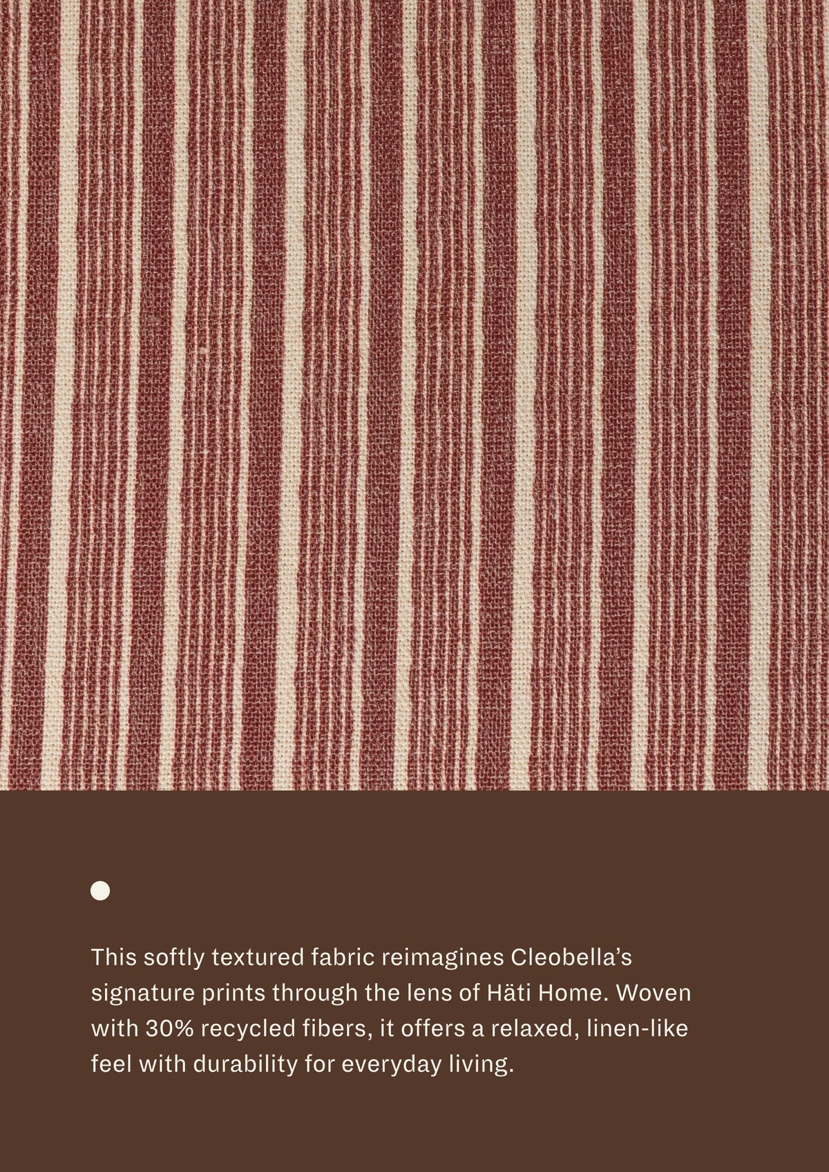 Close-up of the Brick Red Stripe fabric, featuring alternating rose-colored and cream woven stripes with subtle texture. Woven with recycled fibers, the textile offers a relaxed, linen-like appearance designed for everyday durability.