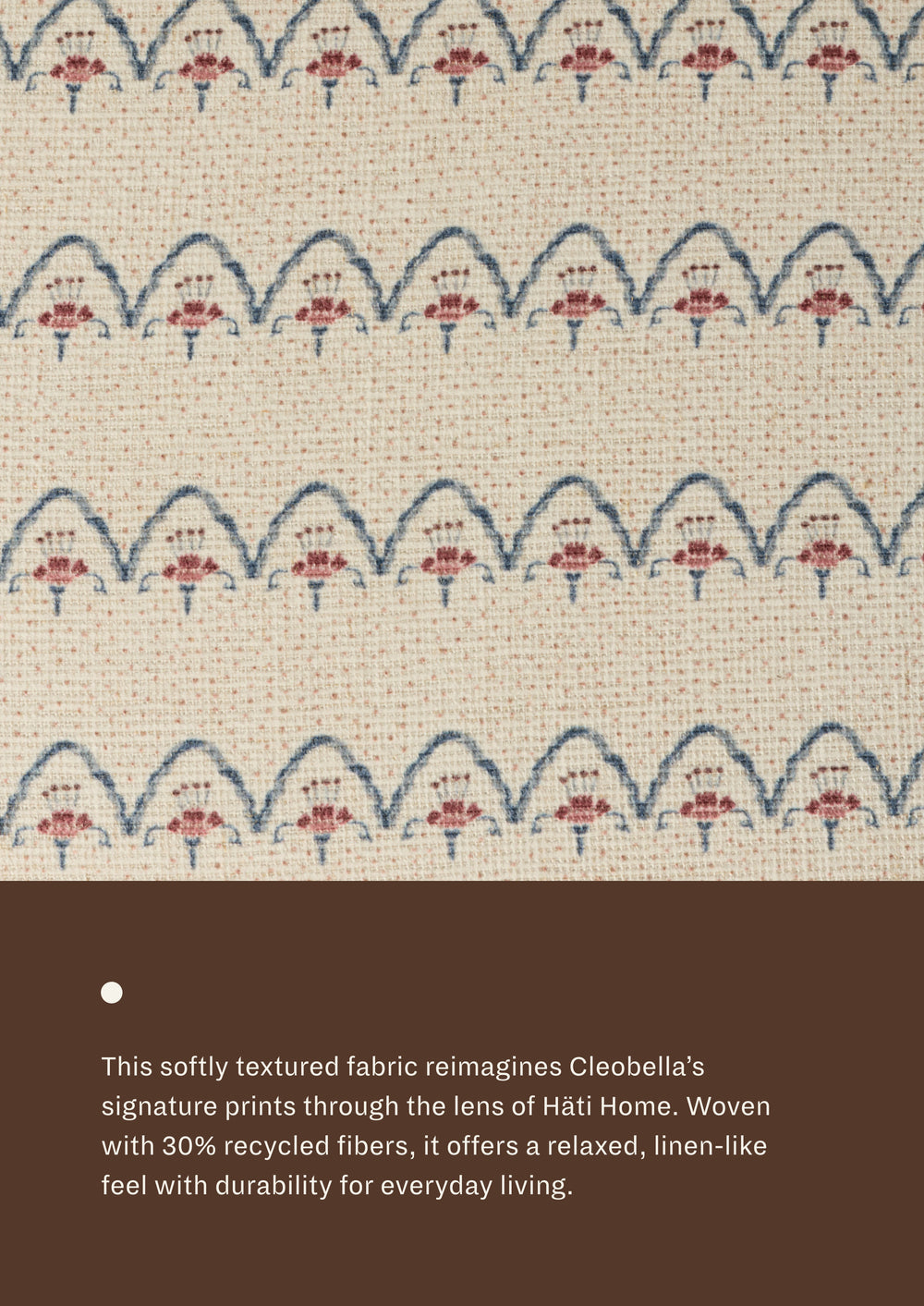 Close-up of the Neutral Arches fabric, featuring repeating blue scalloped lines and dusty rose floral-inspired motifs on a soft cream woven ground. The textured textile offers a relaxed, linen-like appearance with subtle dimension.