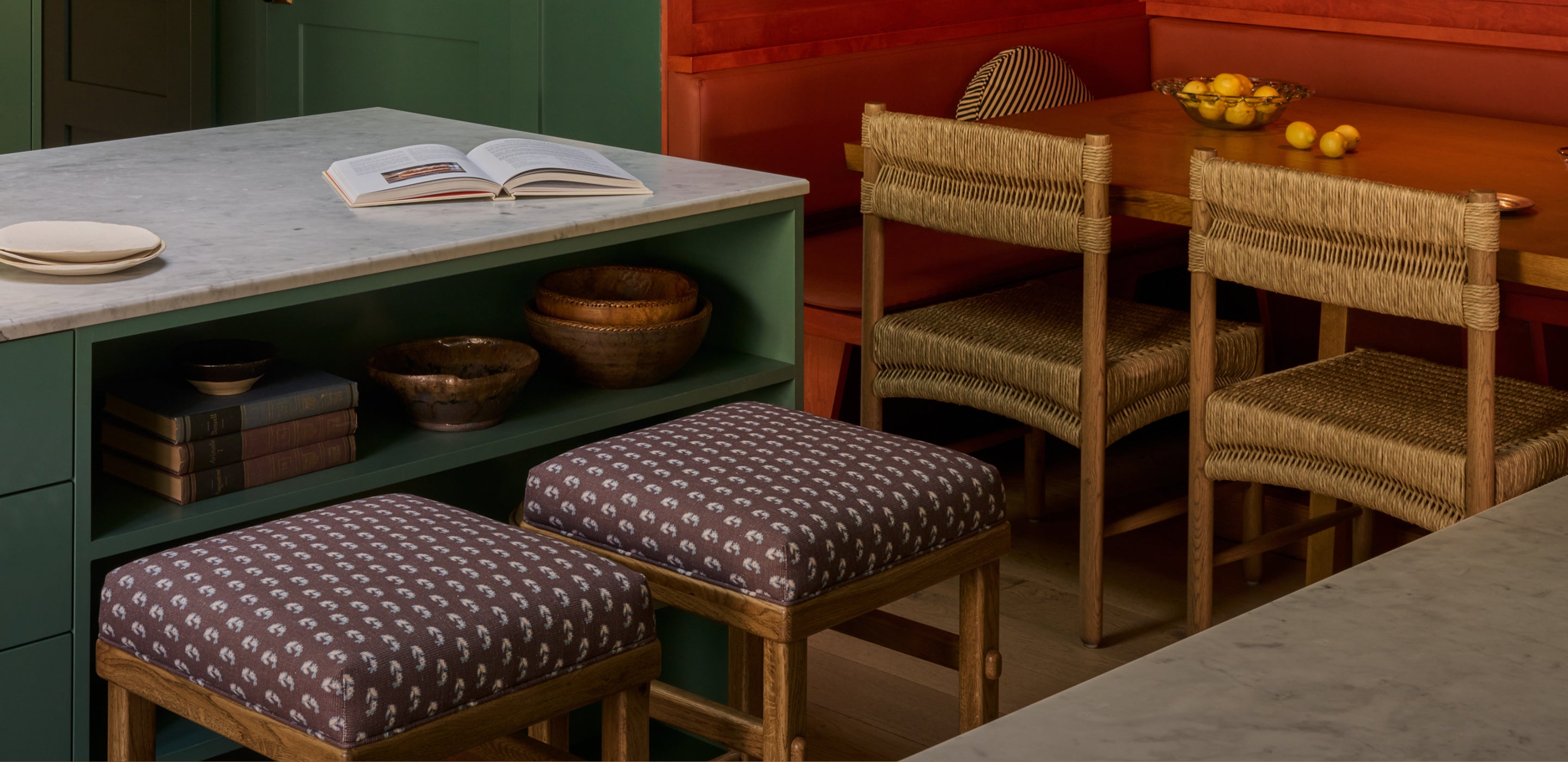 Leelah Counter Stools with the Suma Dining Chair in a kitchen dining room.