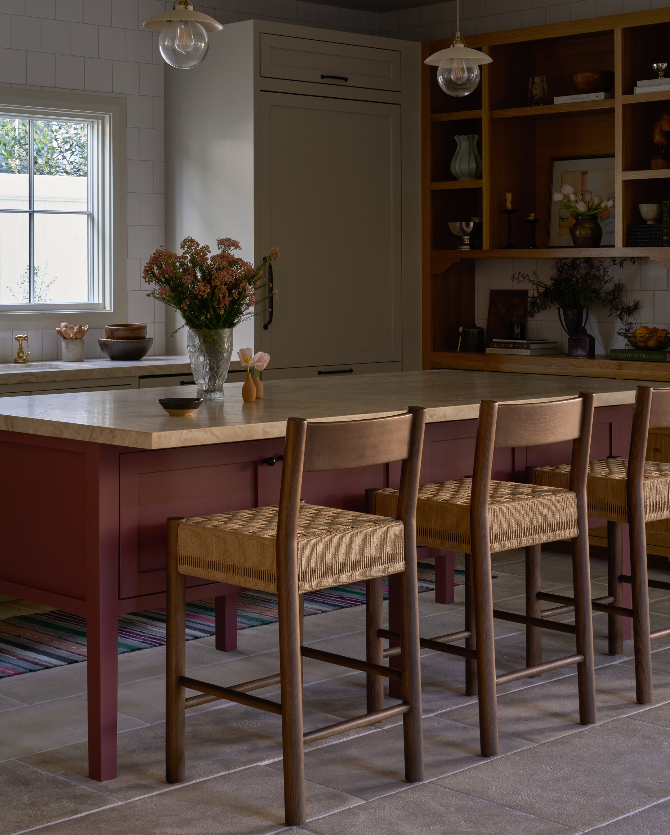 Isa Counter Stool - brown oak with a woven checkerboard paper cord