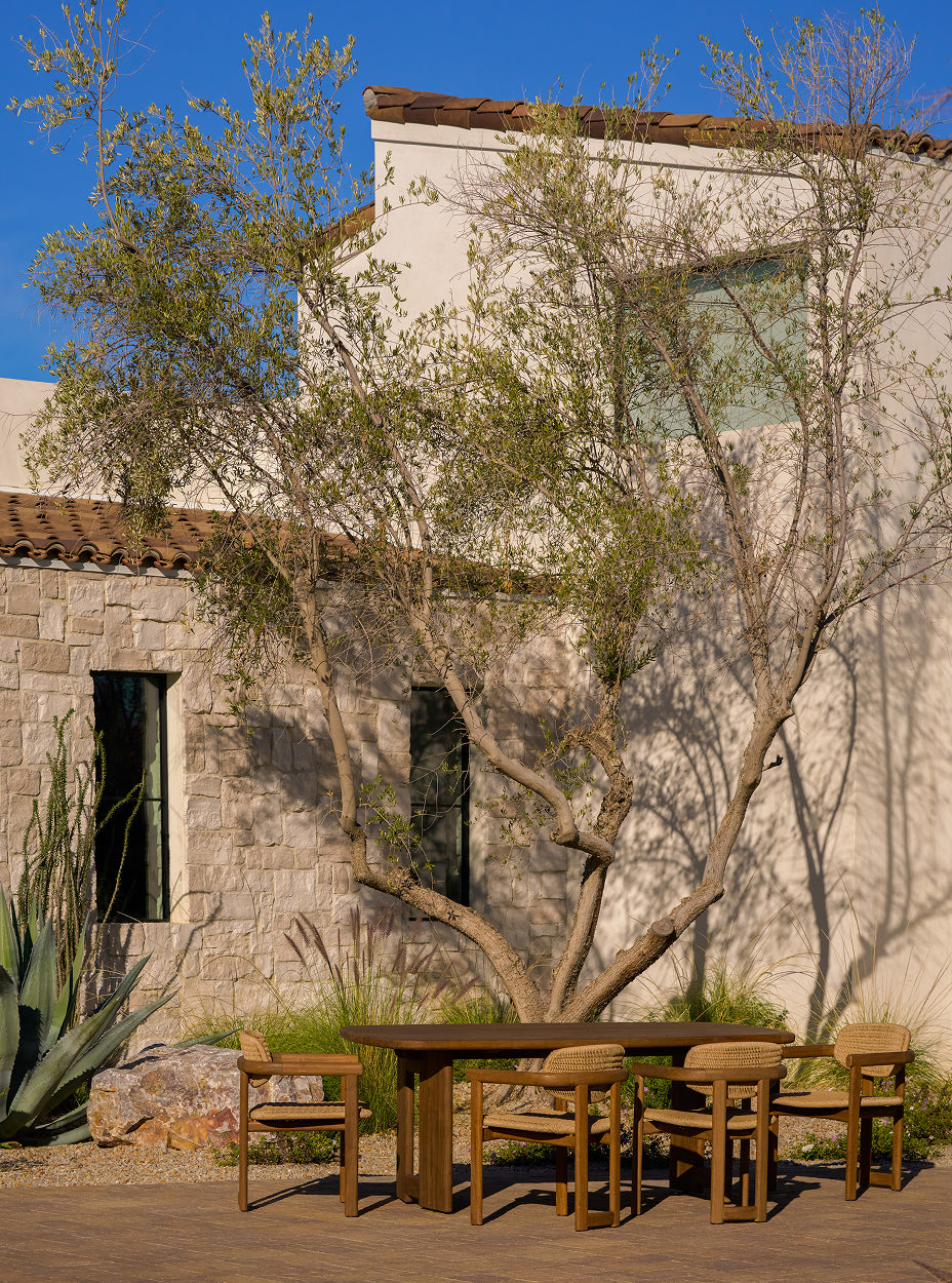 Outdoor setting with the hollis dining table and the vera dining chairs under a large tree in front of a stone building.
