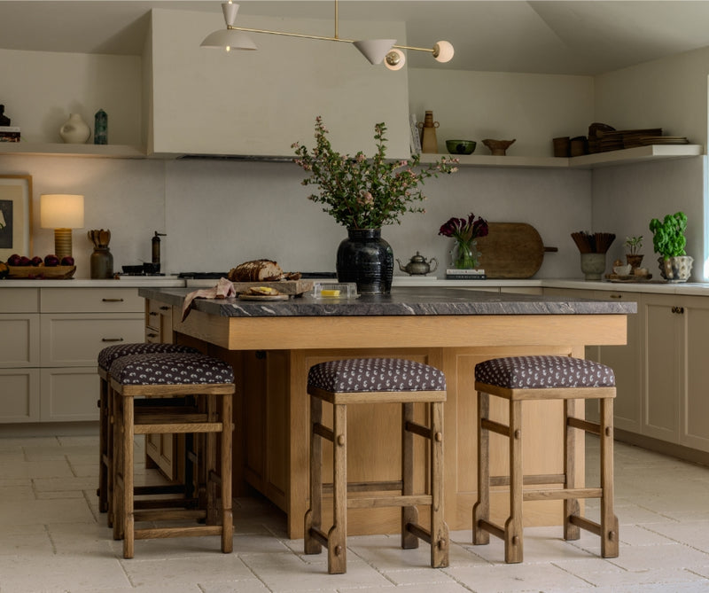 Kitchen Island with Sari counter Stool in Cocoa Floral Fabric. 